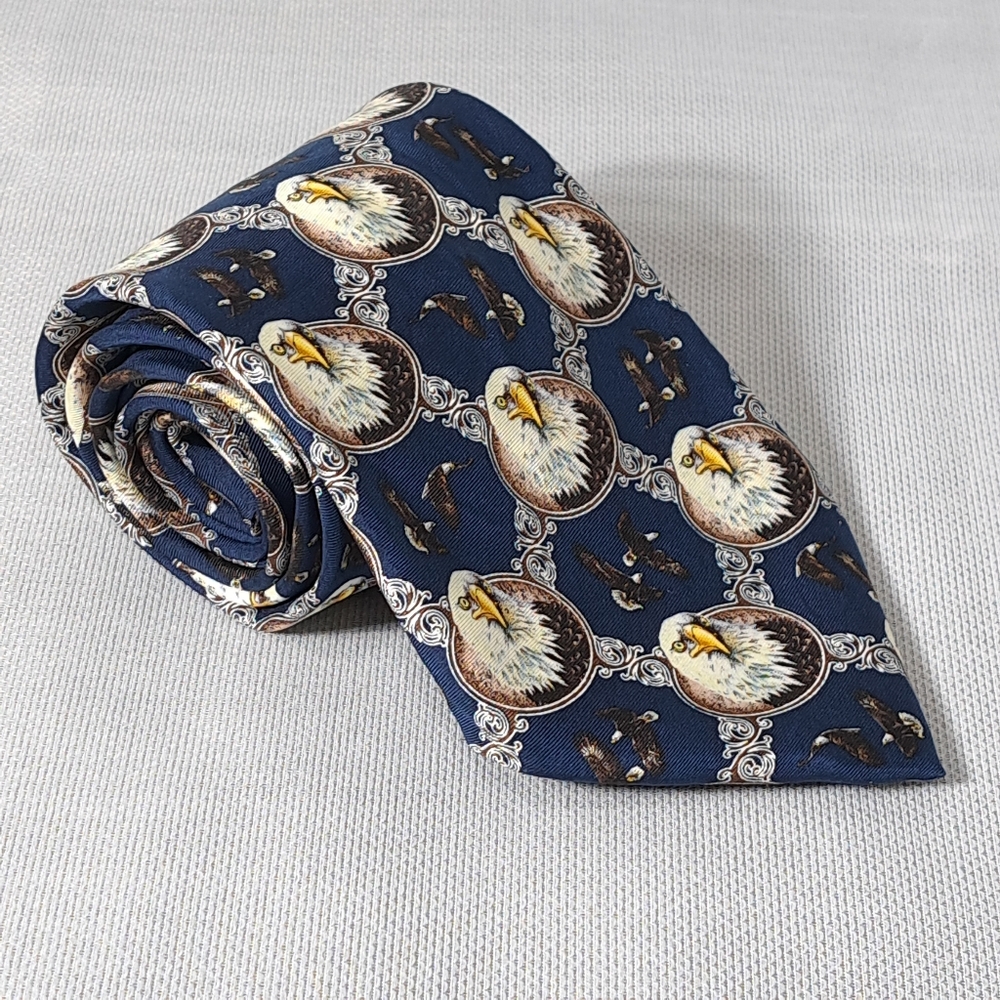 Vintage Men's 100% Silk Tie Eagle Neckwear Blue, Brown, White With Eagle Designs